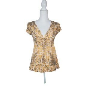 New Listing TempletSalmoni Womens Yellow/White Patterned V-Neck Short Sleeve Top